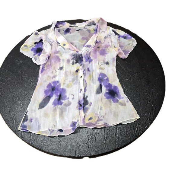 VTG Elie Tahari Silk Blouse Sheer Iris Floral Volant Front M Ethereal Y2K Romant - Picture 1 of 7